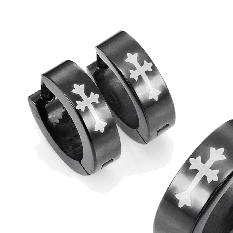 Long Drop Earrings for Dramatic -Stainless Steel Cross Design Huggie Hoop Earrings - Various Designs, Black, 10mm (With Branded Gift Box)