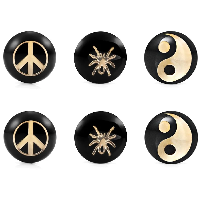 Drop Earrings with Wave Designs -Mens Stainless Steel Stud Earrings 3 Pairs Set with 8mm Peace, Yin & Yang and Spider Symbol Designs