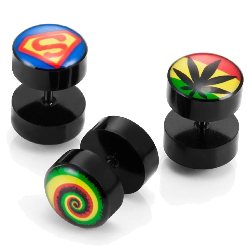 Drop Earrings with Chevron Designs -Mens Stainless Steel Stud Earrings 3 Pairs Set with Acrylic Hemp, Rasta Swirl and Superman Designs