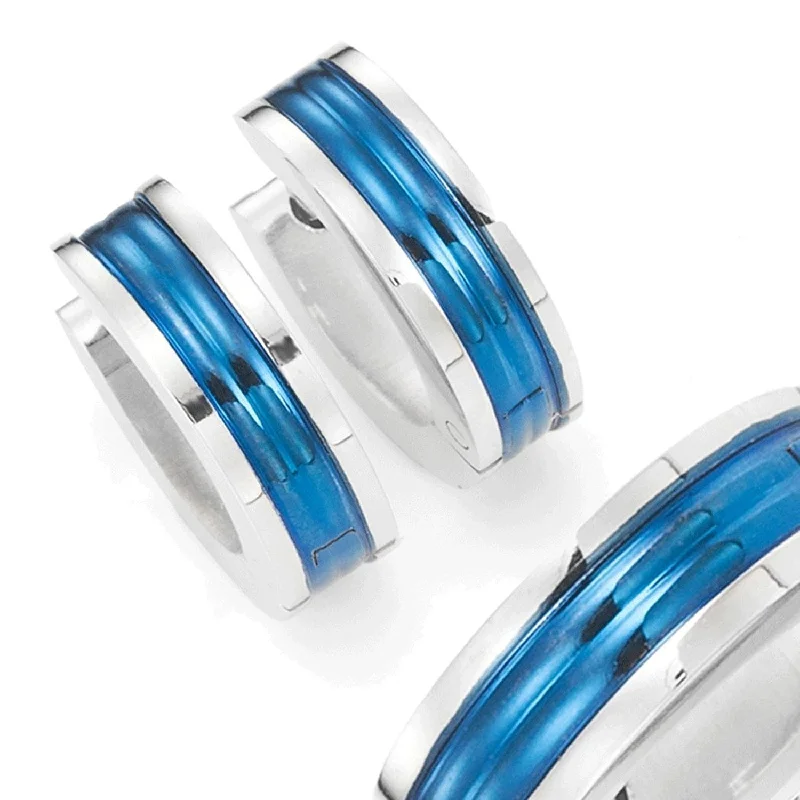 Silver Drop Earrings for Men -Unisex Huggie Earrings in 316l Stainless Steel Ocean Blue Hoop Design 10mm (with Branded GiftBox)