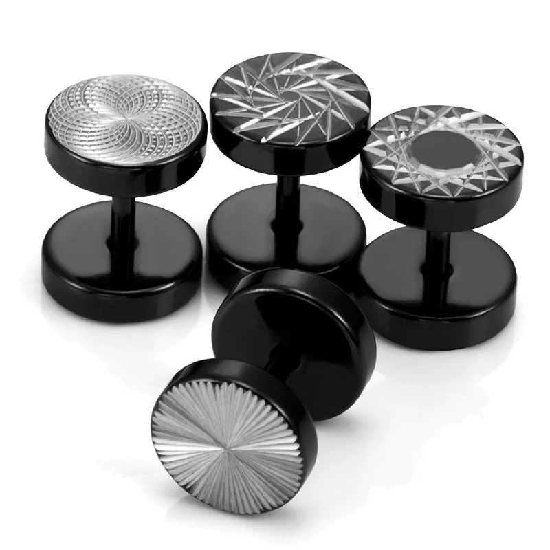 Drop Earrings with Vine Designs -Mens 4 Pairs Stainless Steel Barbell Stud Earrings Set with Star, Spoke, Sunburst and Spirograph Designs