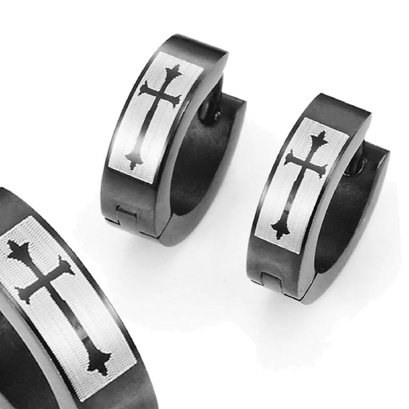 Gemstone Drop Earrings for Color -Men's 316L Stainless Steel Black Hoop Huggie Earrings with Gothic Medieval Cross 10mm