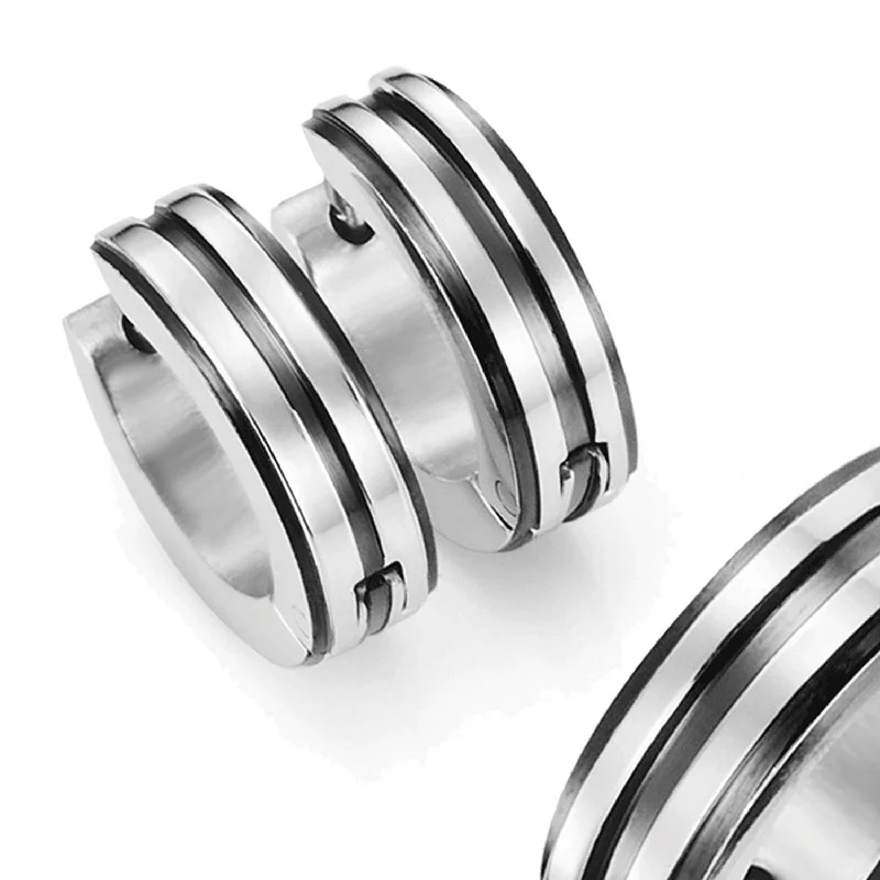 Crystal Drop Earrings for Sparkle -Men's 316L Stainless Steel Two Tone Hoop Huggie Earrings with Black IP 10mm