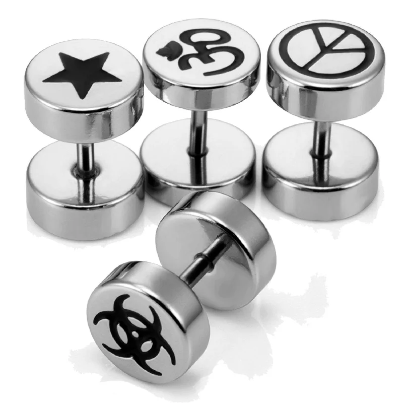 Drop Earrings with Crown Designs -Mens 4 Pairs Stainless Steel Barbell Stud Earrings Set with Om, Radioactive, Peace Sign and Star Designs