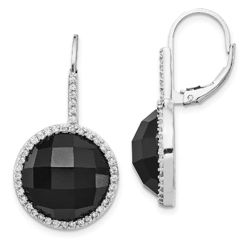 Magnetic Closure Drop Earrings for Easy -Curata 925 Sterling Silver Leverback Cubic Zirconia and Black Simulated Onyx Checkerboard Cut Long Drop Dangle Earrings -