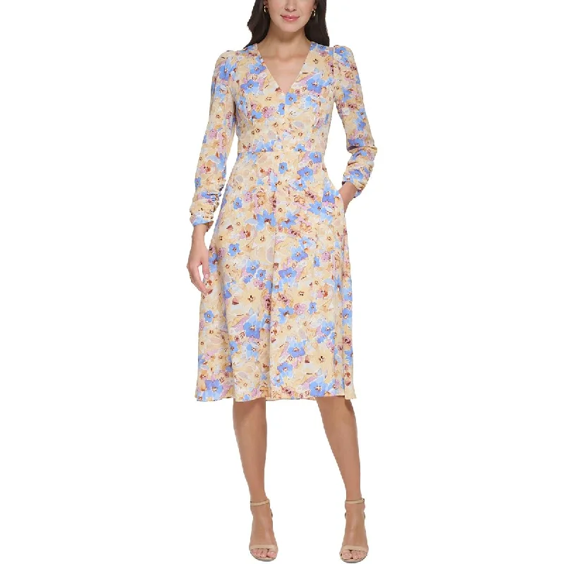 Patchwork Dresses for Bohemian -Vince Camuto Womens Floral Print V-Neck Midi Dress