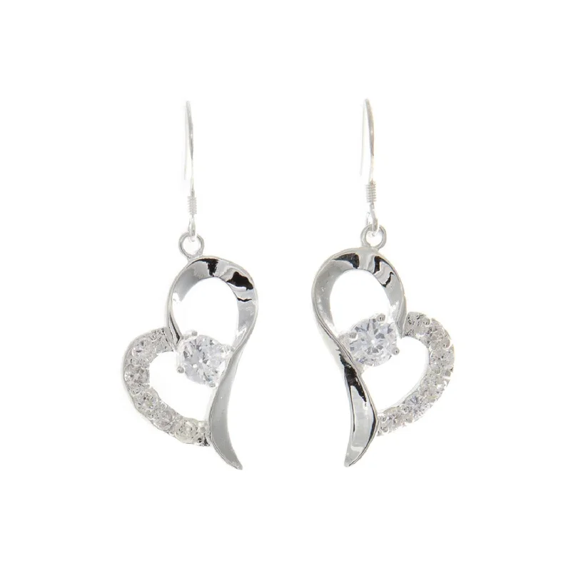 Silver Drop Earrings for Men -Women's Fashion Heart Shaped Dangle Drop Earrings with CZ Accents - Silver