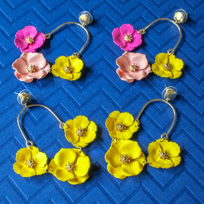 Clip On Drop Earrings for Non Pierced -Garden Of Petunia - Floral Earrings