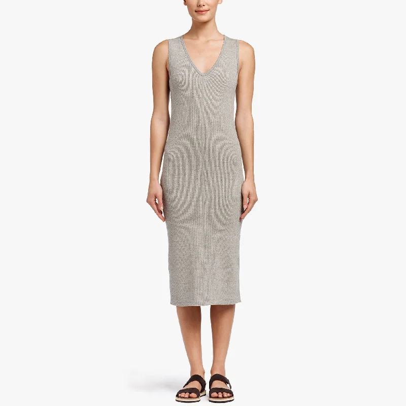 Resort Dresses for Vacation -Contrast Binding Fitted Rib Dress - Pale Heather Grey