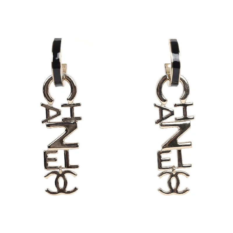 Drop Earrings with Wave Designs -Chanel "Chanel" Letter Drop Earrings Black/White Enamel Light Gold Hardware