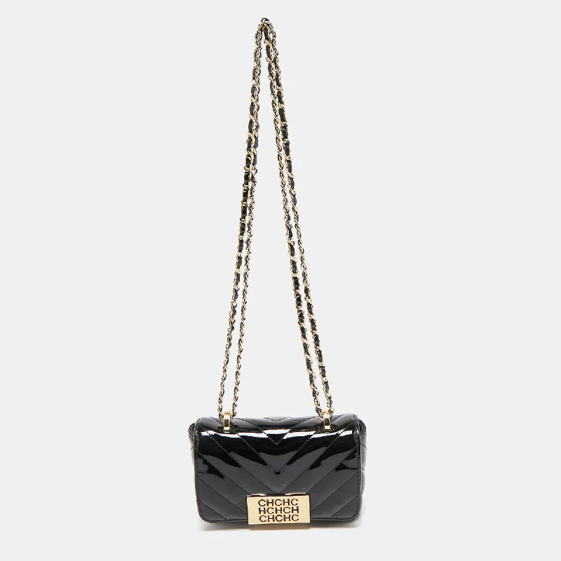 Handle bags with contrast stitching for detail -Carolina Herrera Black Chevron Patent Leather Mini Bimba Chain Bag