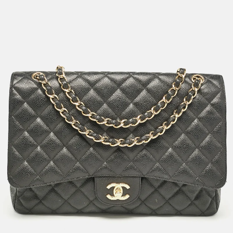 Handle bags with spacious pockets for travel -Chanel Black Quilted Caviar Leather Maxi Classic Single Flap Bag