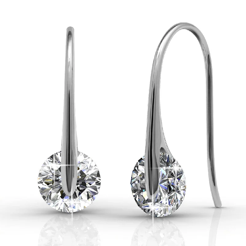 Drop Earrings with Chevron Designs -BELOVED Small Silver Drop 18k White Gold Plated Fish Hook Dangle Earrings with 1 Carat Solitaire Swarovski Crystals