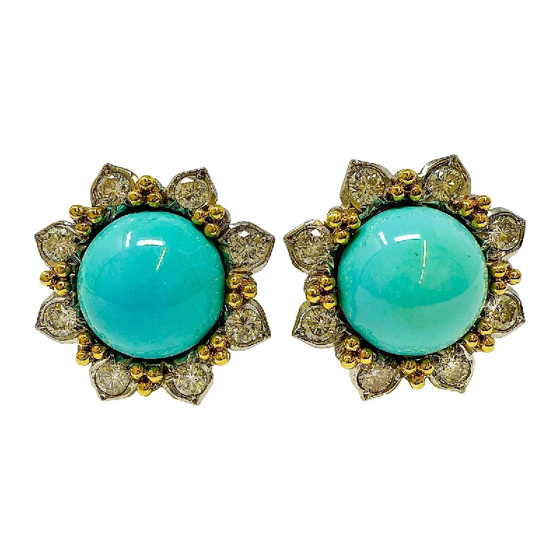 Waterproof Drop Earrings for Outdoor -18K Gold Round Clip-on Earrings with Turquoise and Diamonds