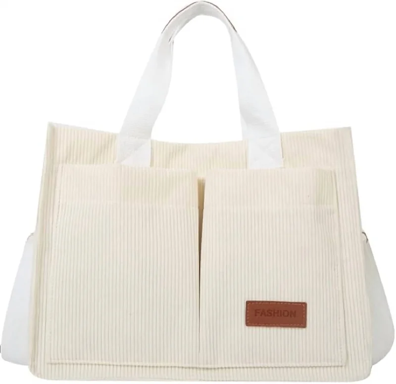 Handle bags with inner compartments for essentials -Corduroy Tote Bag In White