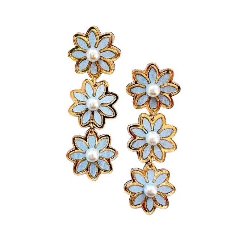 Rhinestone Drop Earrings for Sparkle -Pastel Blue Triple Daisy Earrings