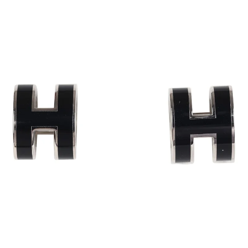 Geometric Drop Earrings for Trend -Hermes Mini Pop H Earrings Black Enamel Palladium Hardware