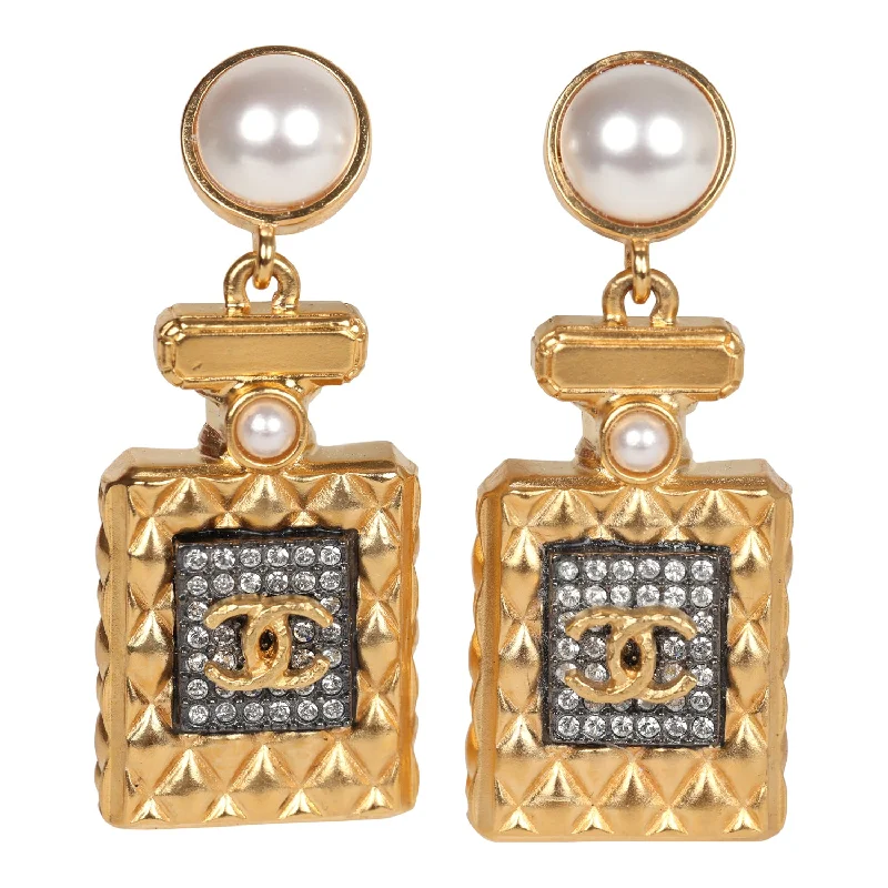 Star Shaped Drop Earrings for Charm -Chanel Crystal Pearl Perfume Bottle Dangle Earrings Gold Hardware