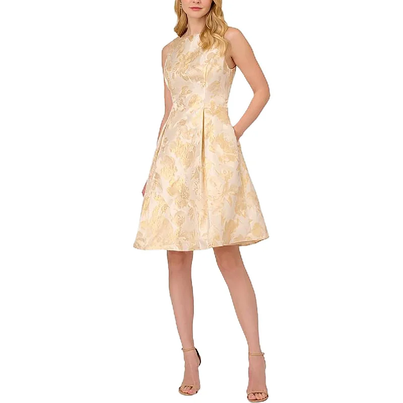 Beige Dresses for Neutral -Adrianna Papell Womens Metallic Floral Print Cocktail And Party Dress