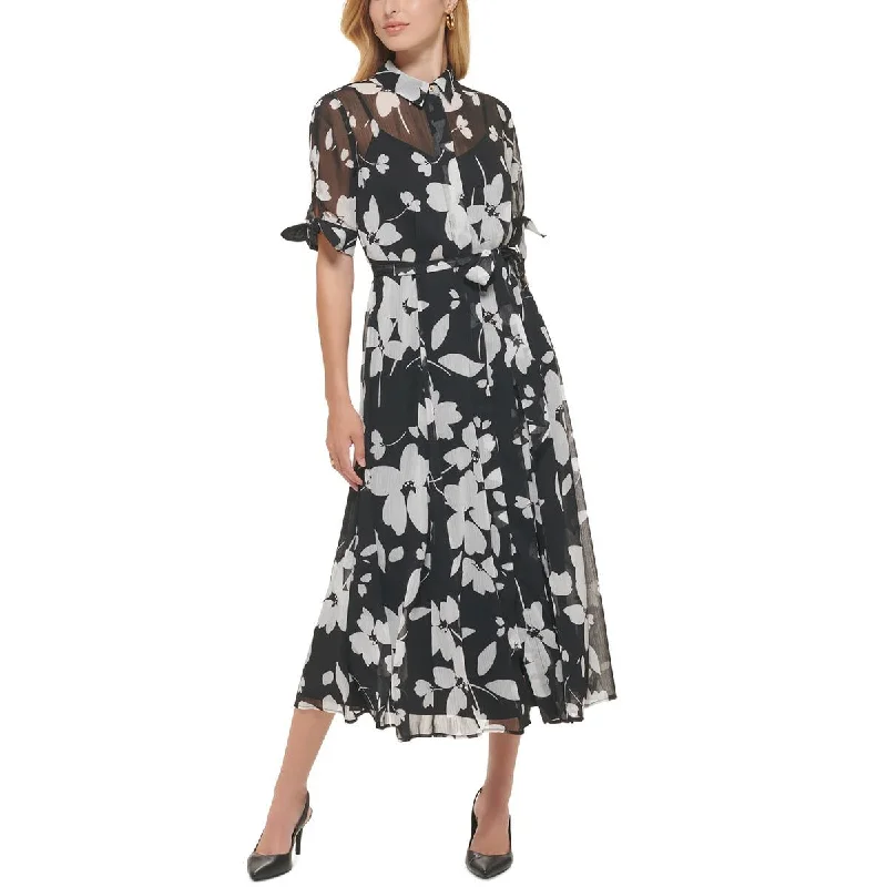 Birthday Dresses for Celebration -Calvin Klein Womens Petites Floral Print Chiffon Shirtdress