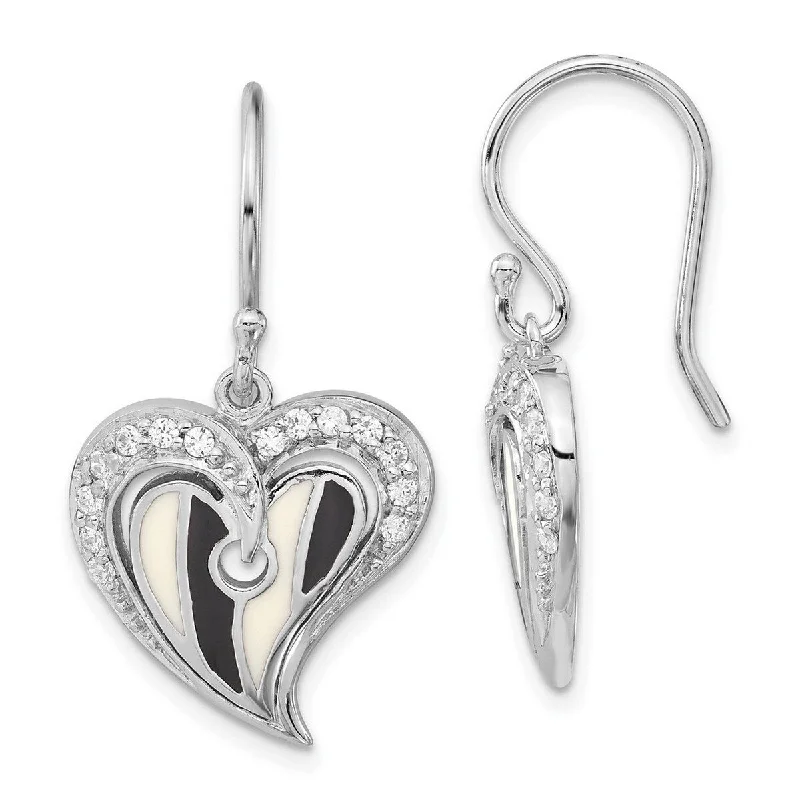 Crystal Drop Earrings for Sparkle -Curata 925 Sterling Silver Polished Love Heart with Black and White Enamel CZ Cubic Zirconia Earrings