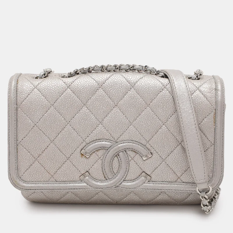 Handle bags with playful patterns for fun -Chanel Silver Quilted Caviar Leather Small Filigree Flap Bag