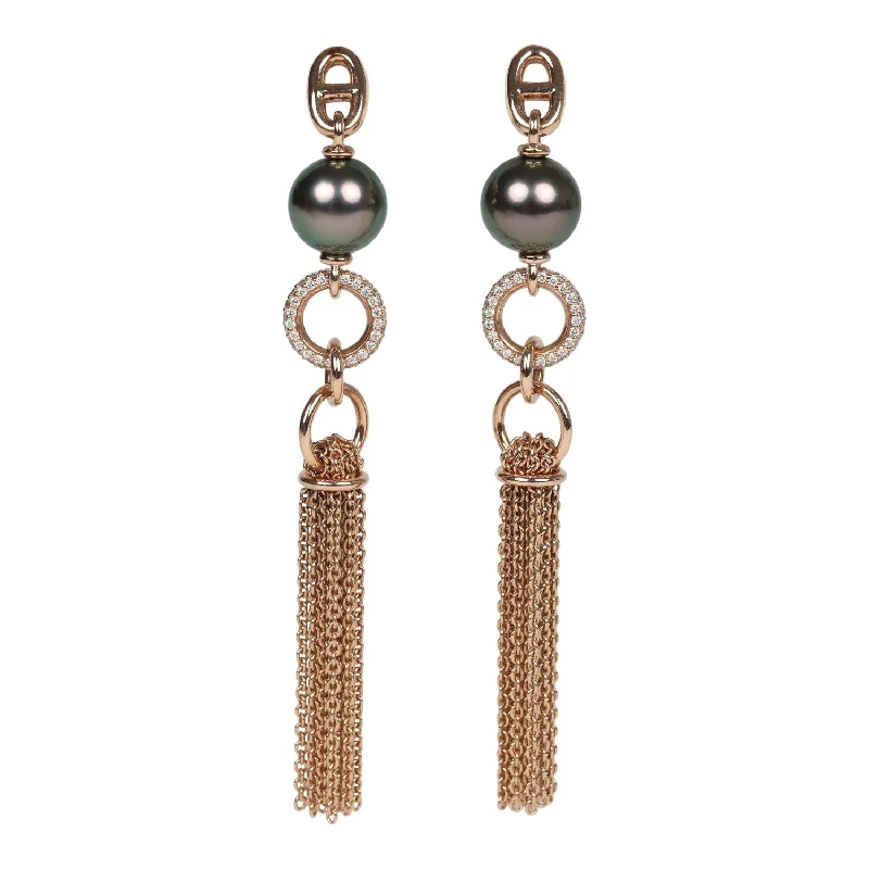 Drop Earrings with Infinity Symbols -Hermes Tassel Earrings Chaine d'Ancre Black Pearl and Diamond Gold Hardware