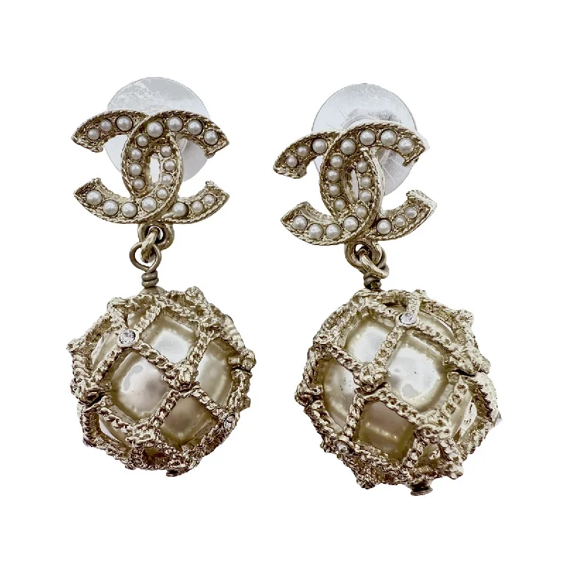 Drop Earrings with Debossed Designs -Chanel 2019 Caged Faux Pearl Drop Earrings