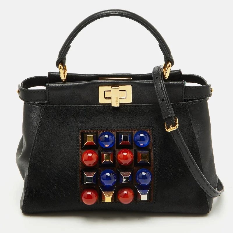 Handle bags with floral embroidery for detail -Fendi Black Leather And Calf Hair Studs Mini Peekaboo Top Handle Bag