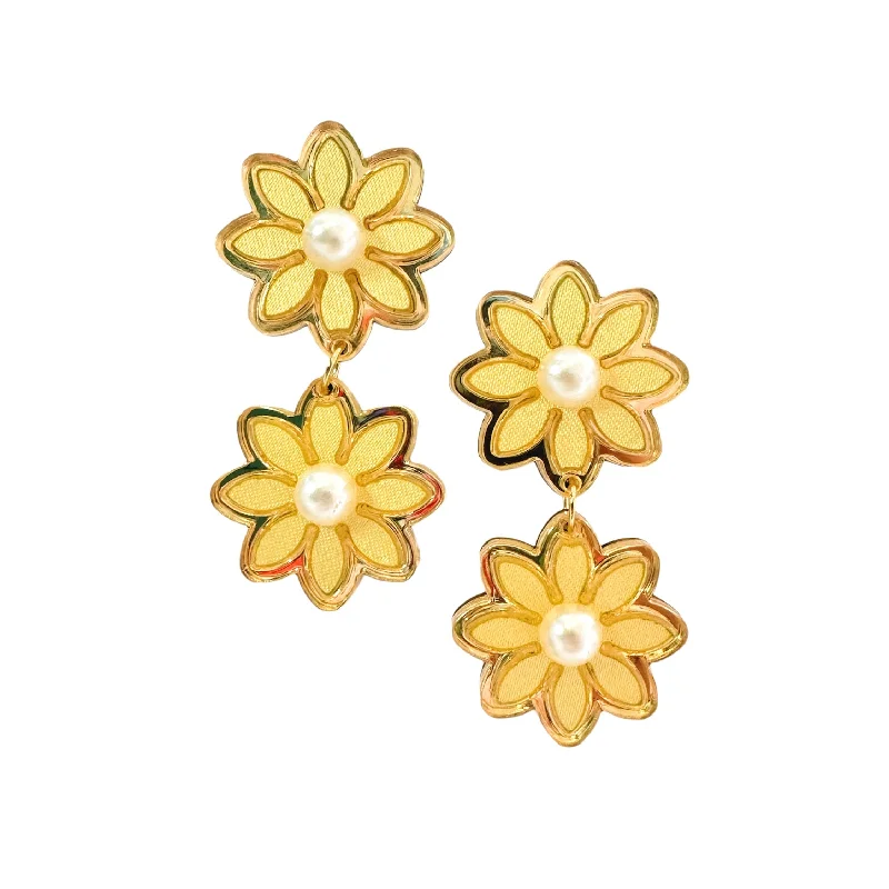 Nickel Free Drop Earrings for Safety -Pastel Yellow Double Daisy Earrings