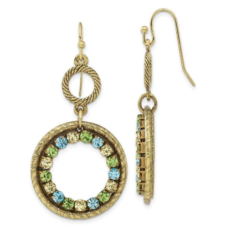 Drop Earrings with Hammered Finish -Curata Shepherd hook Brass tone Blue Green and Yellow Crystal Circle Long Drop Dangle Earrings Jewelry Gifts for Women