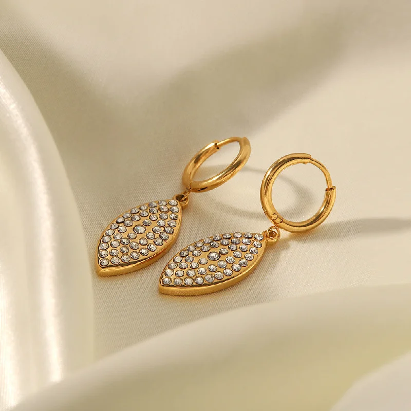 Drop Earrings for Beach Outfit -18K Gold Plated Diamond Leaf Shape Versatile Pendant Earrings