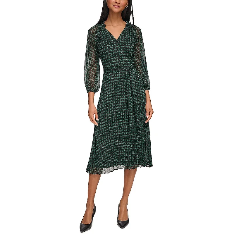 Khaki Dresses for Casual -Karl Lagerfeld Paris Womens Chiffon Houndstooth Midi Dress