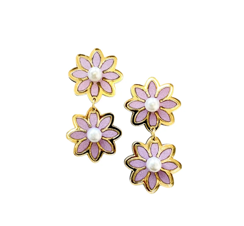 Drop Earrings with Matte Finish -Pastel Lavender Double Daisy Earrings