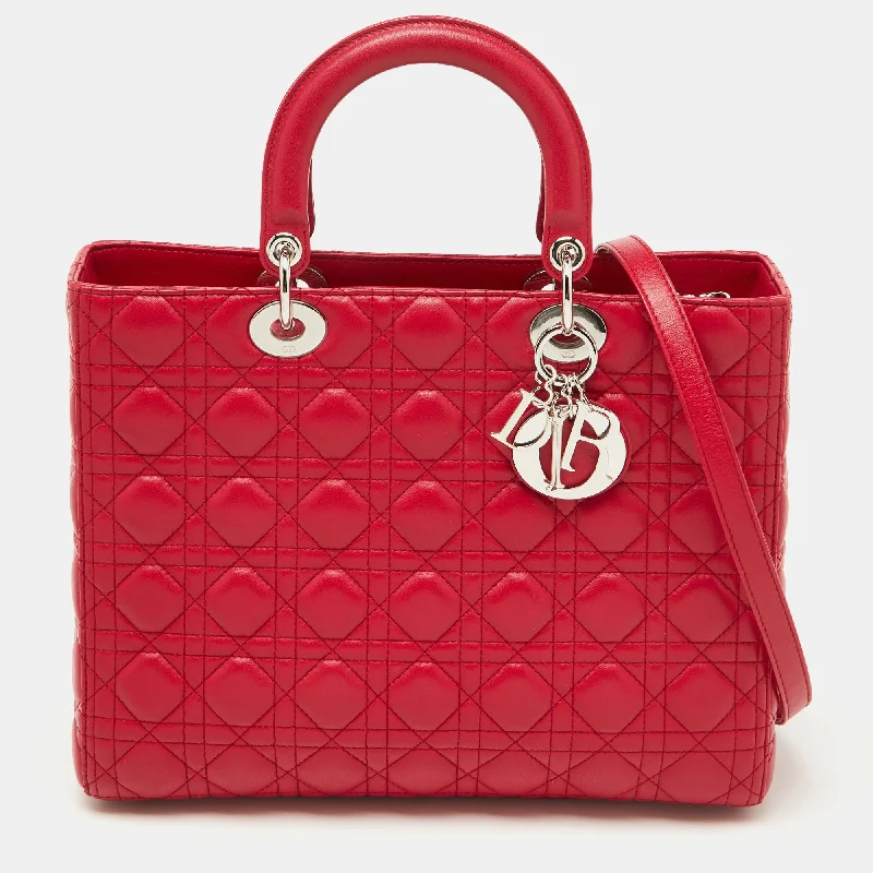 Handle bags with modern cutouts for style -Dior Red Quilted Cannage Leather Large Lady Dior Tote