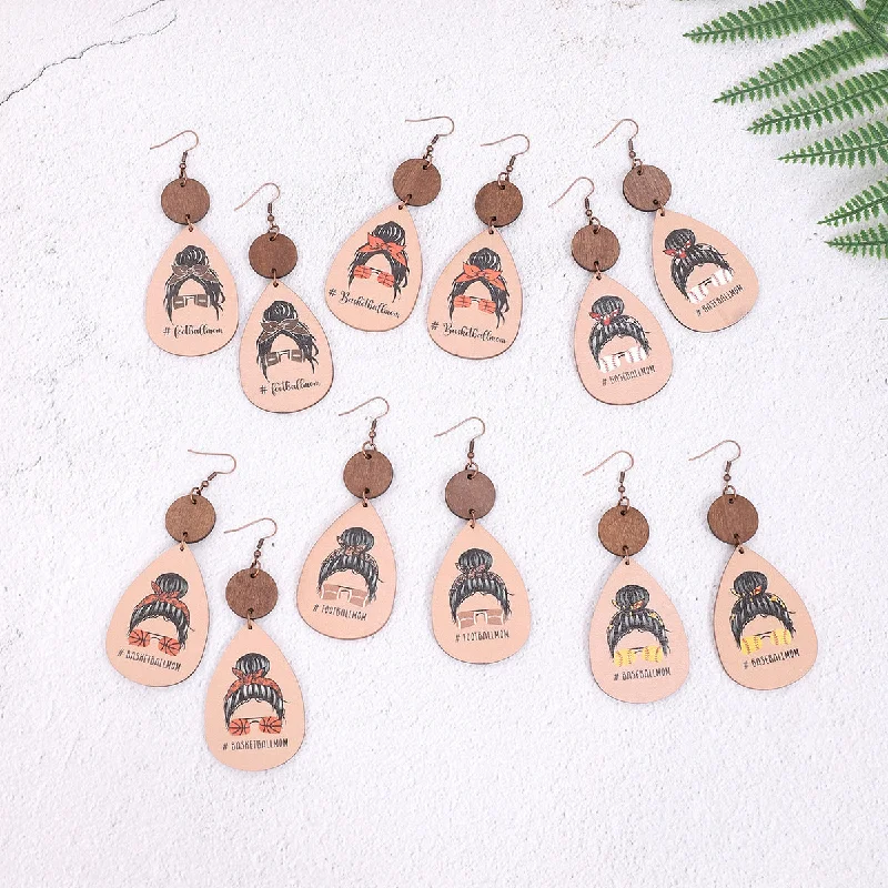 Drop Earrings with Floral Motifs -Wholesale Cartoon Wooden Mom Mother's Day Ball Sports Style Wooden Piece Earrings