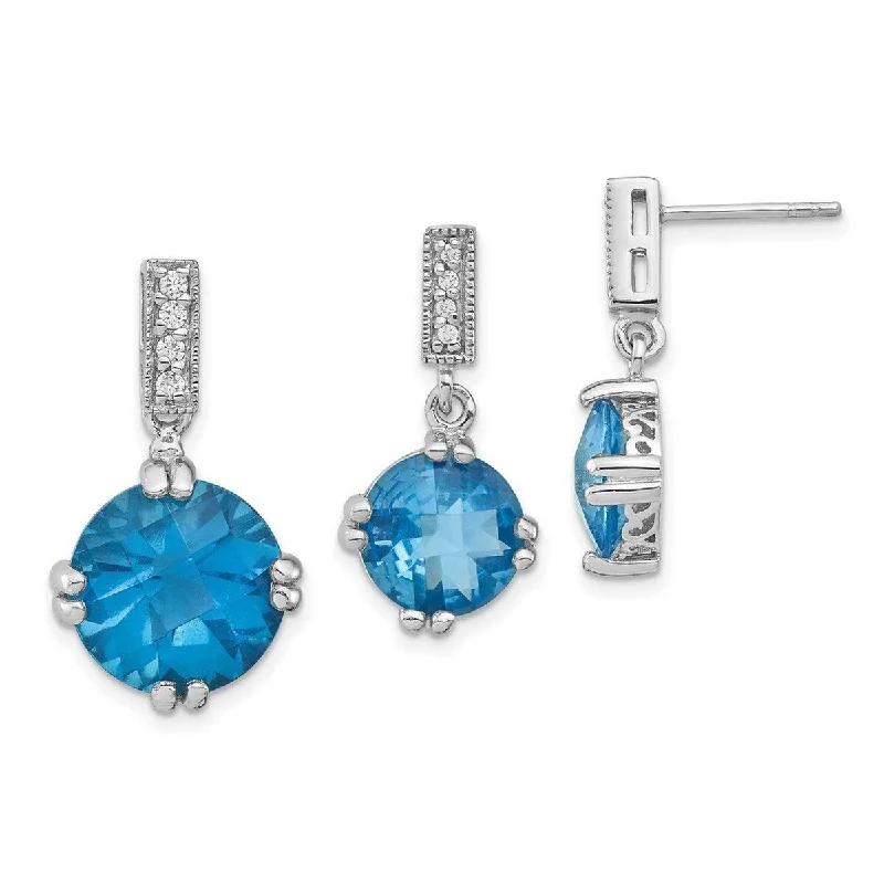 Beaded Drop Earrings for Party -Curata 925 Sterling Silver Polished Post Earrings Blue and Clear CZ Cubic Zirconia Pendant Necklace and