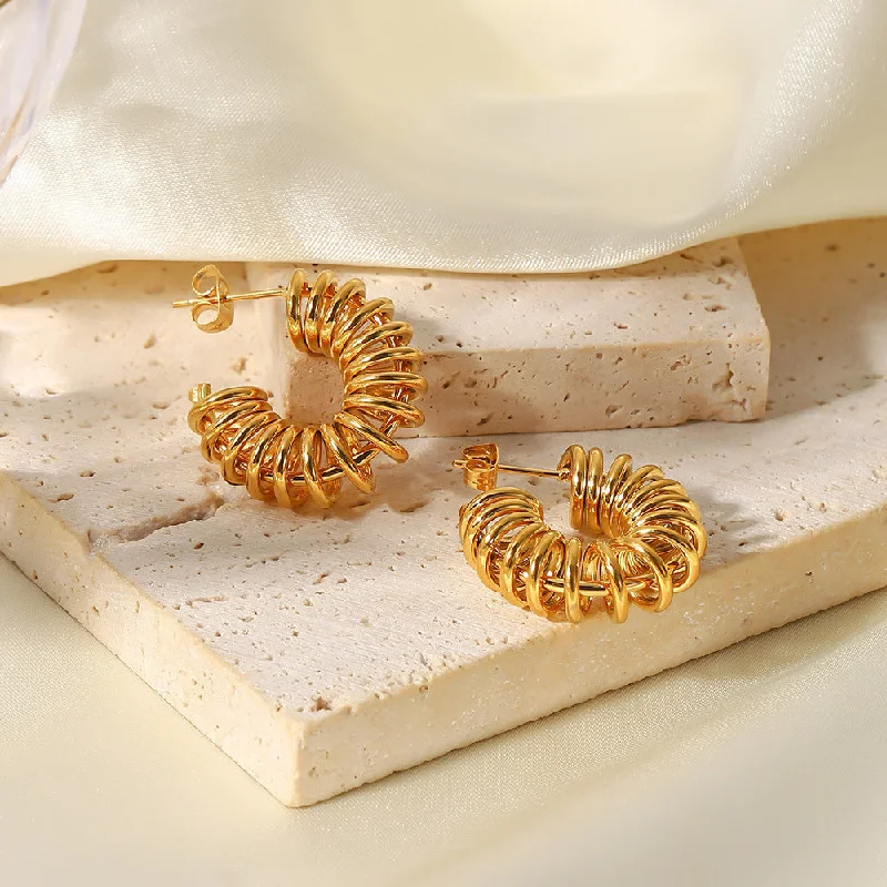 Drop Earrings with Textured Surface -18K Gold Electric Coil Geometric C-Shaped Earrings