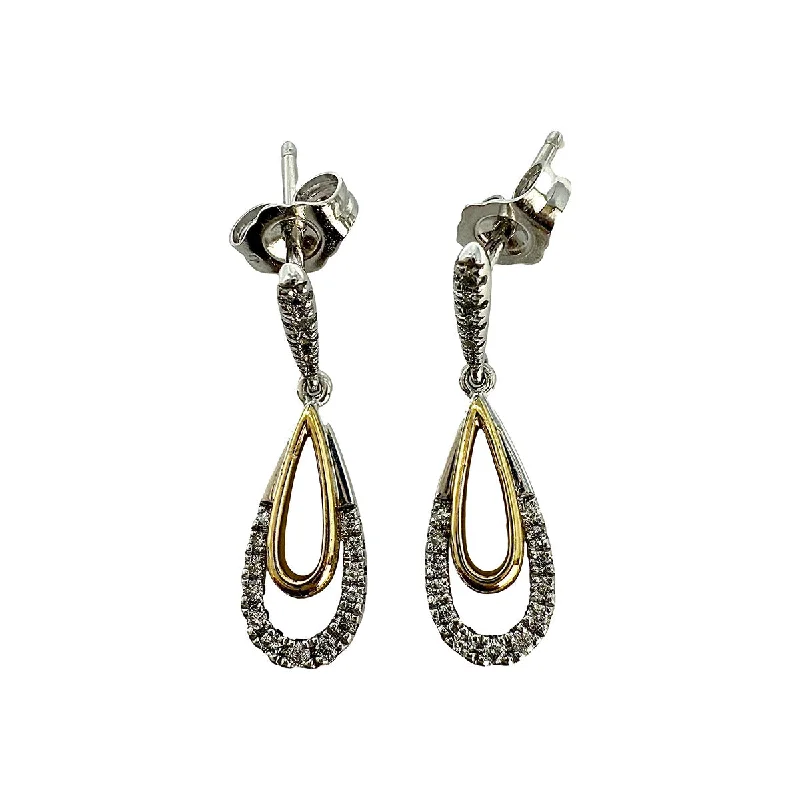 Drop Earrings with Debossed Designs -10K Gold Two-Tone Drop Earrings with Diamonds