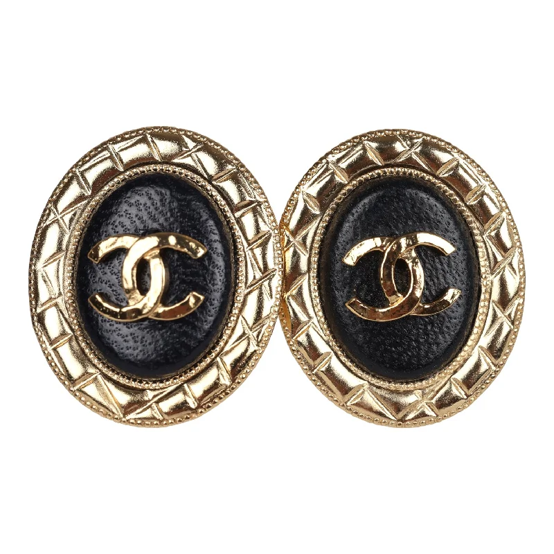 Minimalist Drop Earrings with Simplicity -Chanel Oval CC Leather Earrings Black Gold Hardware