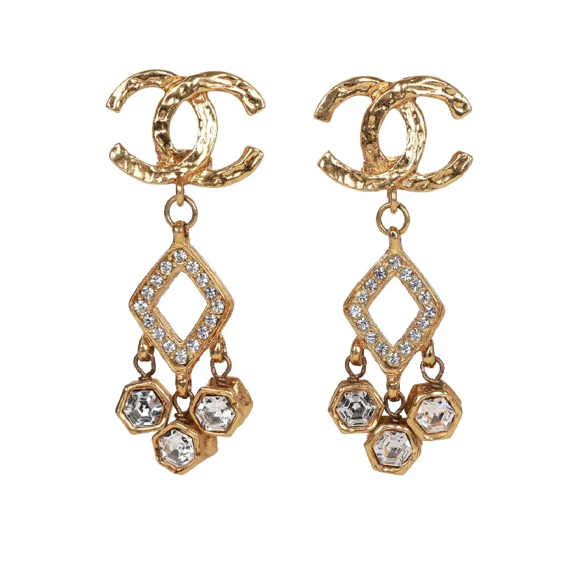 Drop Earrings with Leaf Motifs -Vintage Chanel 24K Gold Plated Textured CC and Rhinestone Chandelier Clip Earrings