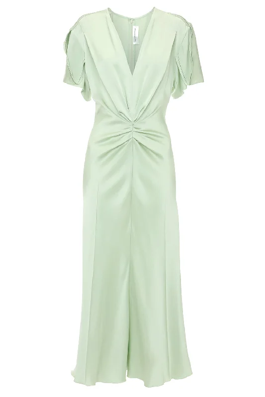 Halter Dresses for Chic Style -Gathered V-Neck Dress - Jade