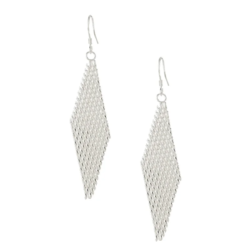 Long Drop Earrings for Dramatic -Women's Fashion Diamond Shaped Dangle Drop  Earrings with Mesh Design - Silver