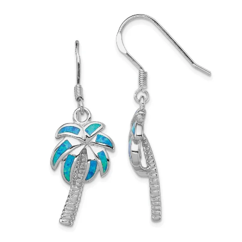 Round Drop Earrings for Classic -Curata 925 Sterling Silver Polished Shepherd hook Created Blue Simulated Opal Inlay Palm Tree Long Drop Dangle Earrings -