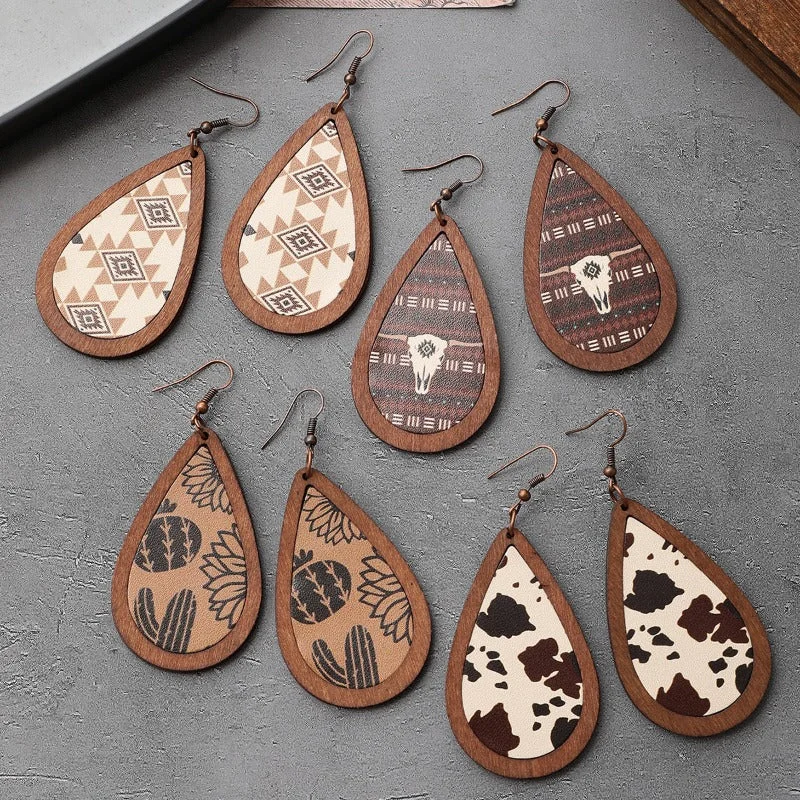 Detachable Drop Earrings with Charms -Wholesale Western Style Cow Head Retro Aztec Pattern Cow Pattern Leather Wood Chip Earrings