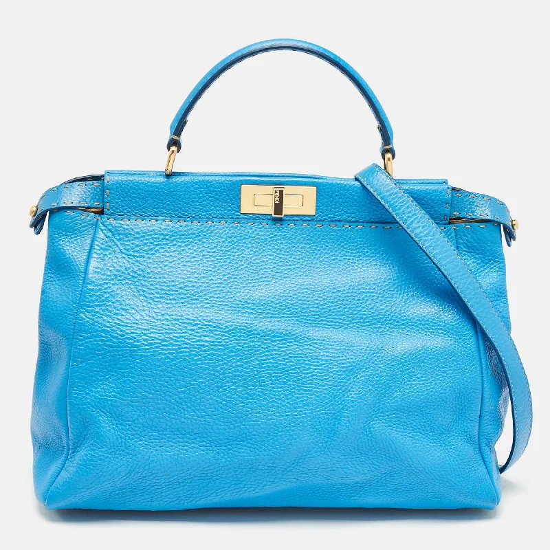 Handle bags with floral prints for spring -Fendi Blue Leather Large Peekaboo Top Handle Bag