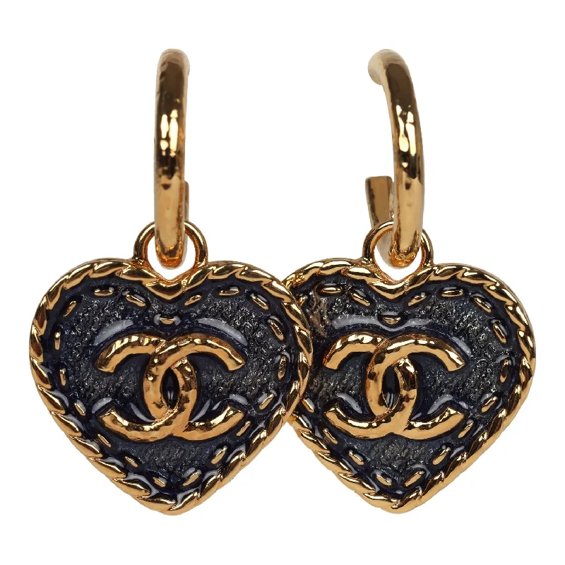 Drop Earrings with Embossed Patterns -Chanel Gold Hoop CC Blue Denim Heart Dangle Earrings Gold Hardware