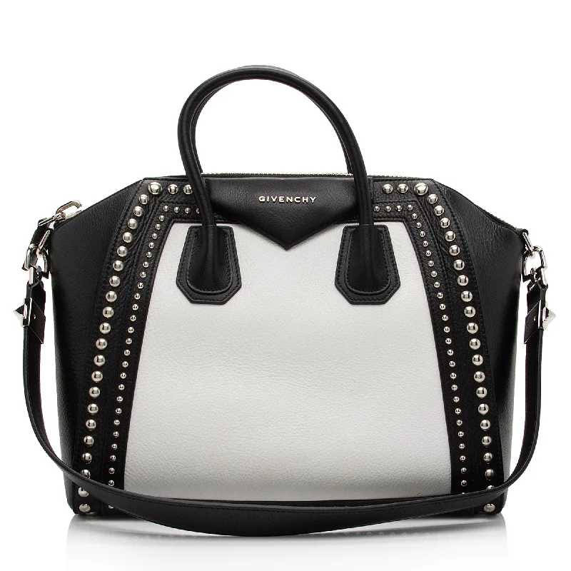 Small handle bags perfect for quick trips -Givenchy Calfskin Bi Color Studded Antigona Medium Satchel