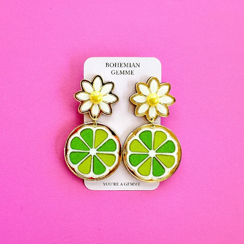 Drop Earrings with Floral Motifs -Lime Slice Daisy Earrings