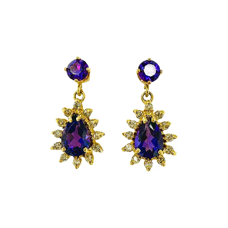 Drop Earrings with Embossed Patterns -14K Gold Drop Earrings with Amethyst and Diamonds